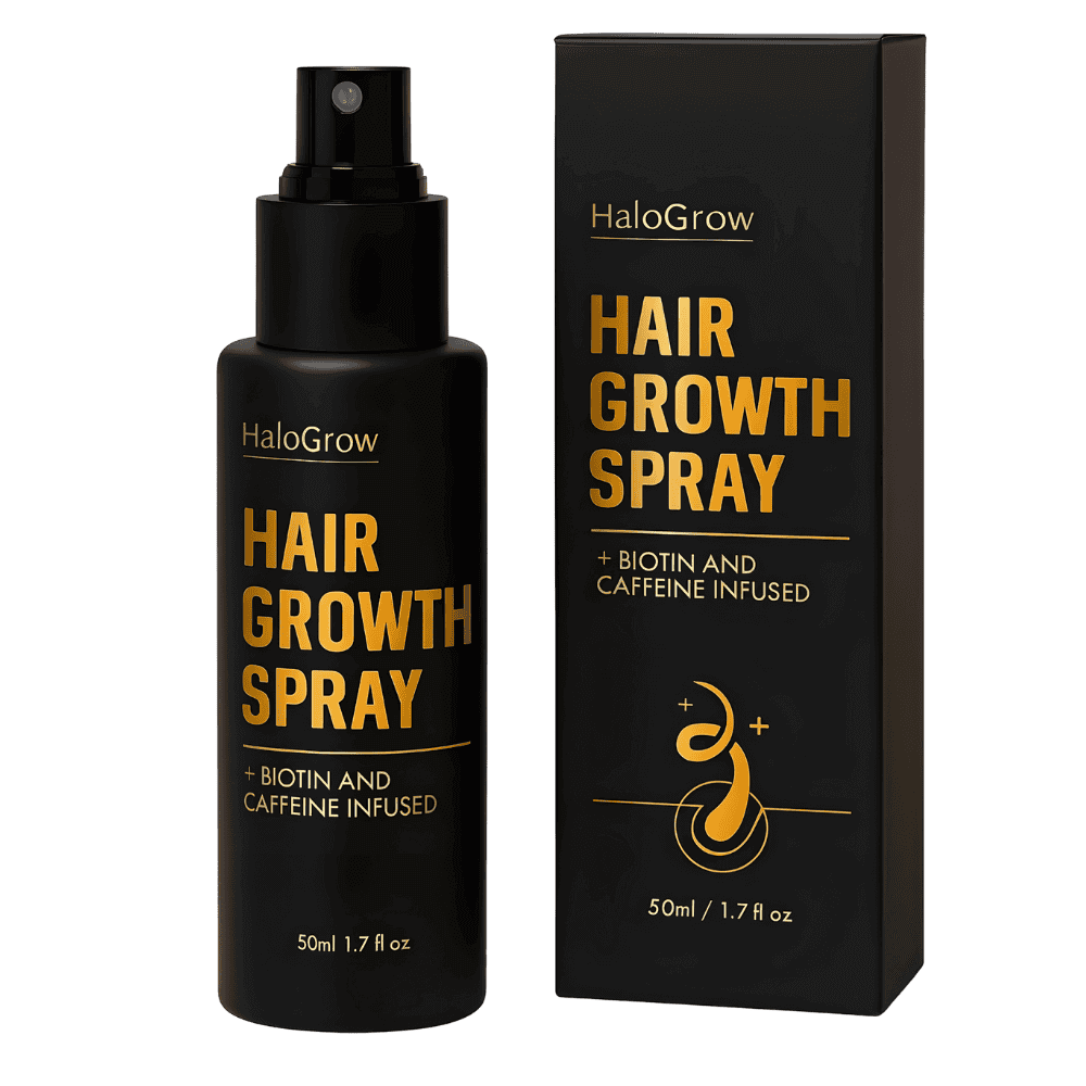 Halo Grow Hair Spray bottle with healthy hair